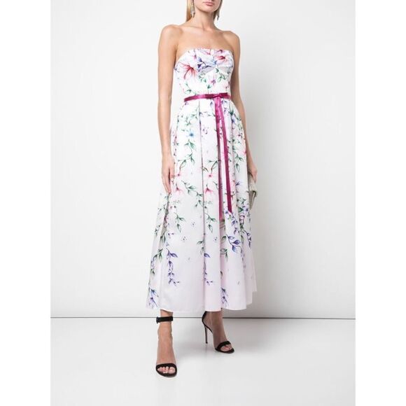 Marchesa Strapless Printed Mikado Corseted Gown